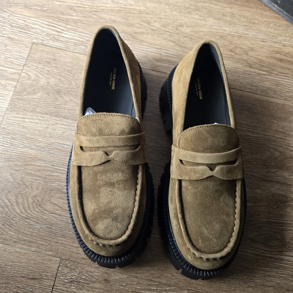 NWT Golden Goose Olive Suede Penny Loafers with Black Lug Sole - Picture 2 of 10